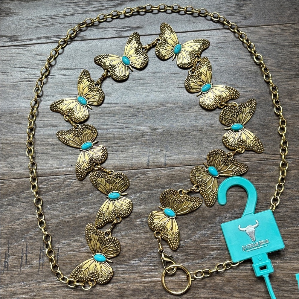 American Bison Goldtone chain belt, butterflies with faux turquoise stones